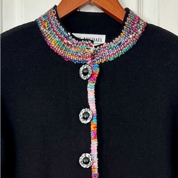 Vintage Cardigan Sweater The Michael Collection Black Rainbow Boucle Trim Size M - Picture 4 of 7